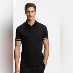 Hugo Boss Navy Slim Fit Striped Cuffs Cotton Polo Shirt Size Medium